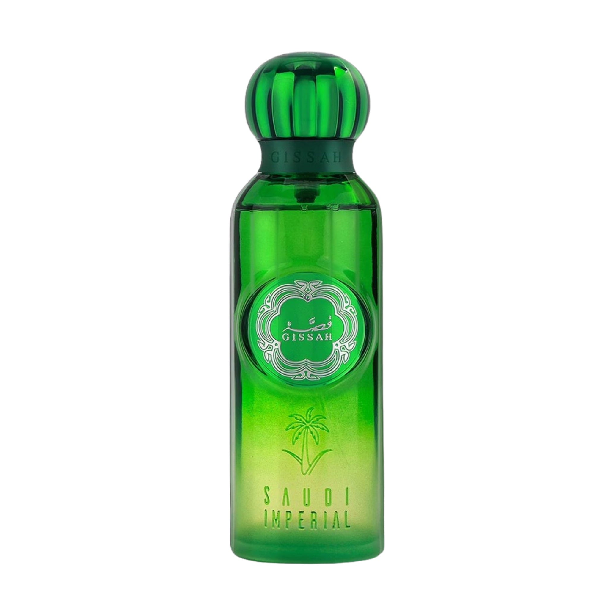 green gissah perfume bottle with a green cap on a white background
