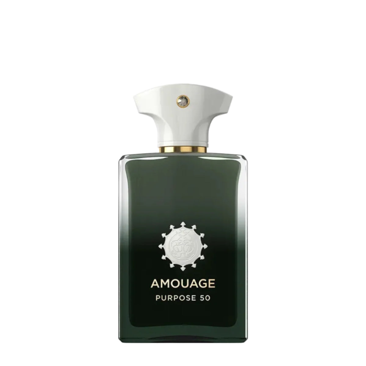 amouage purpose 50 100ml bottle eau de parfum green bottle with white cap and gold accents on a white background