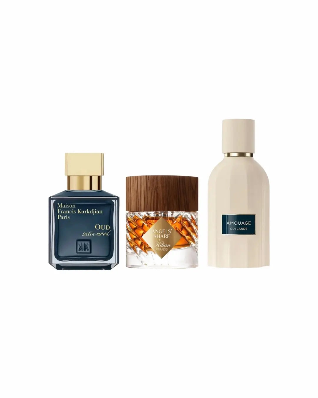 oud satin mood, angels share and outlands. three perfume bottles with a white bcakground