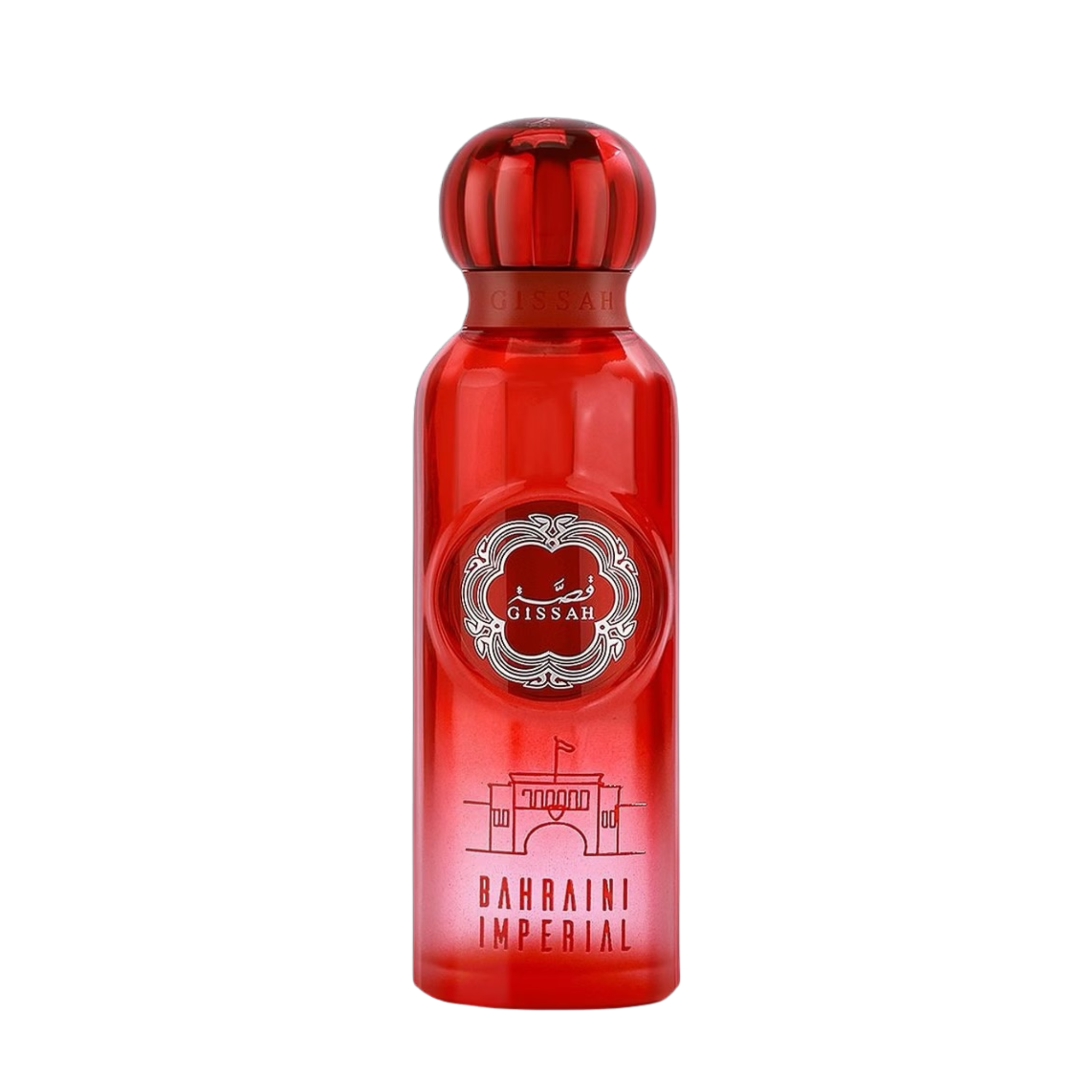 Red gissah bahraini imperial perfume bottle with a red cap on a white background