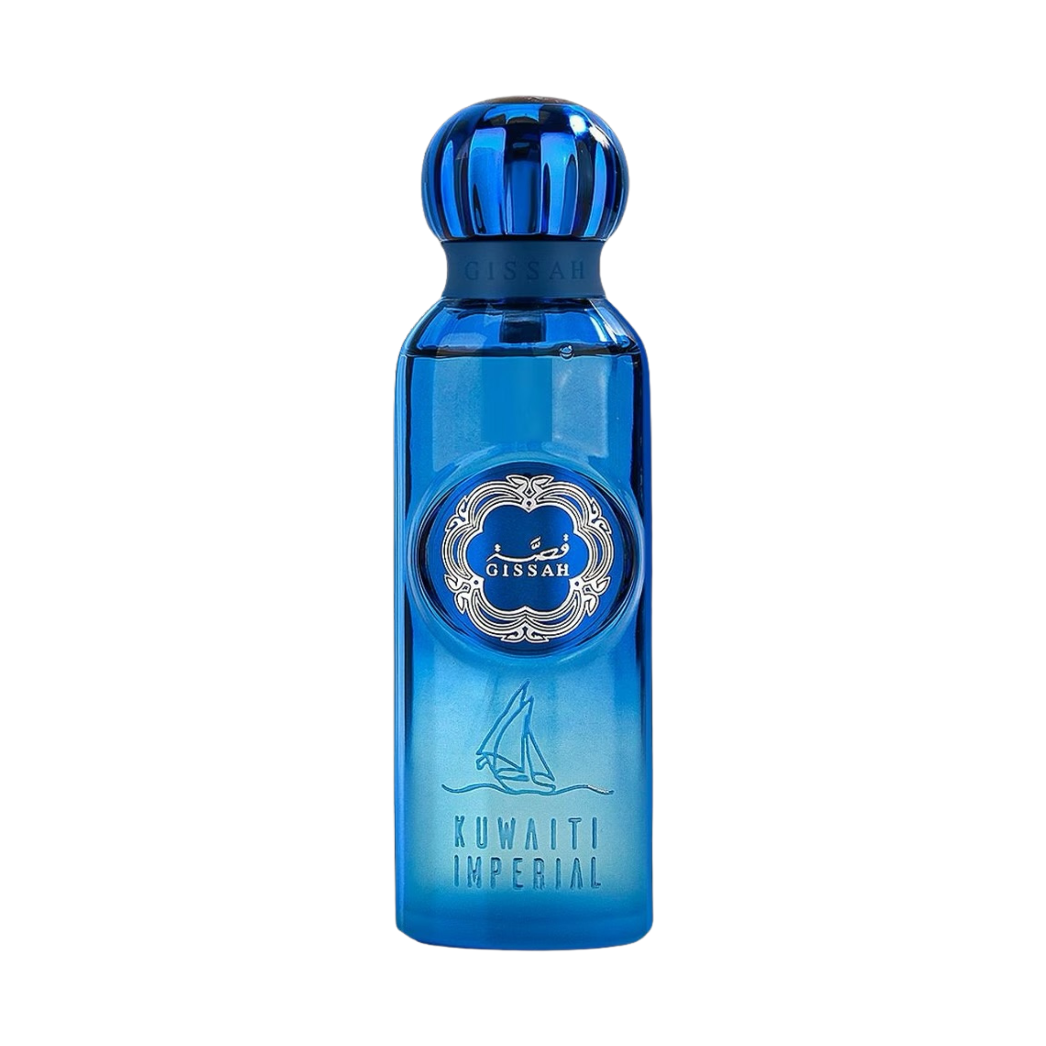 Blue gissah kuwaiti perfume bottle with a blue cap on a white background