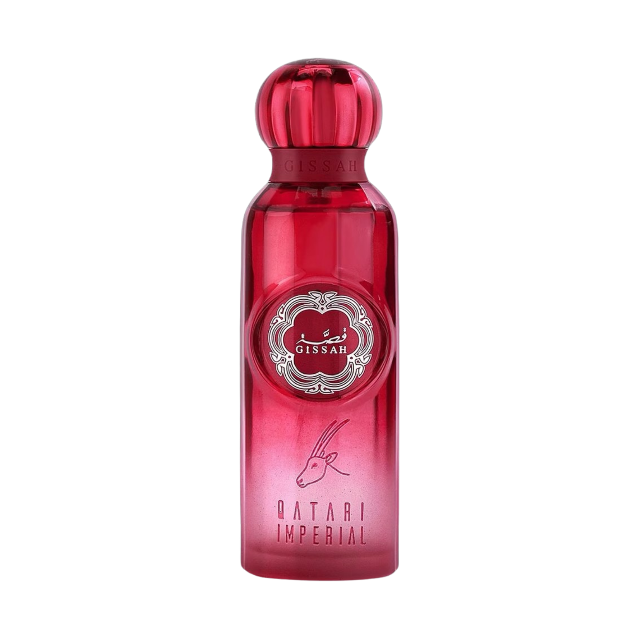 Pink gissah qatari imperial perfume bottle with a pink cap on a white background