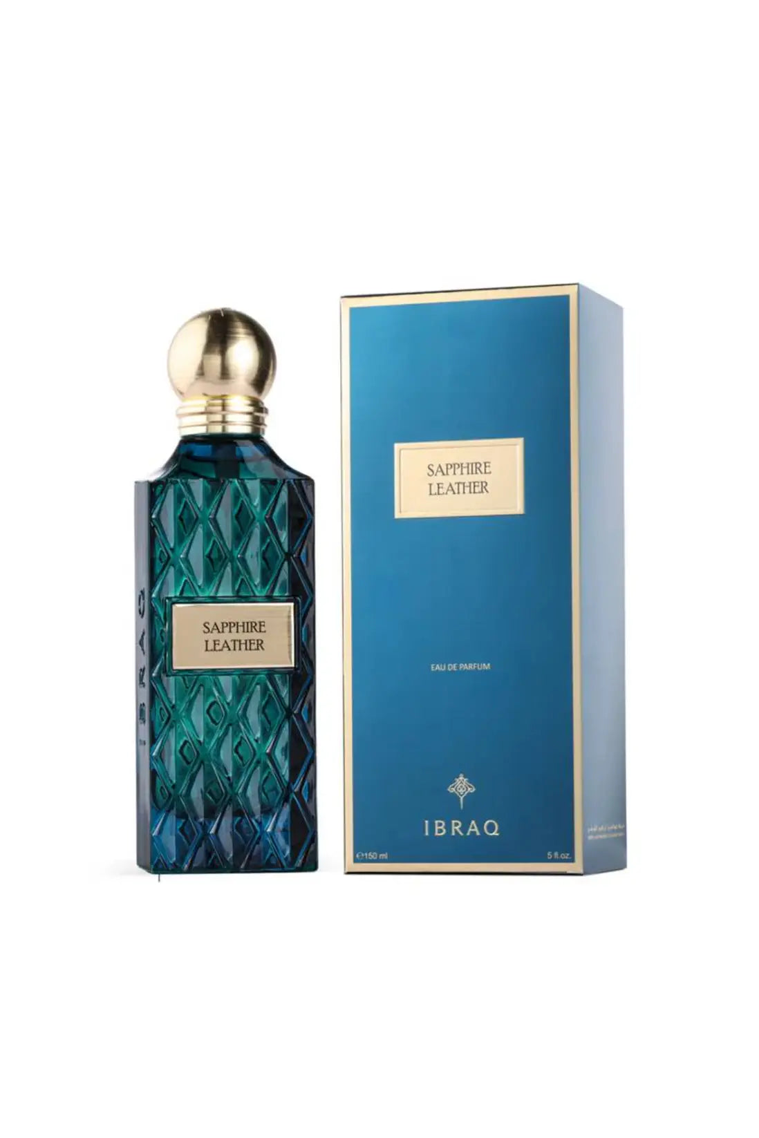 a blue perfume bottle with a gold cap on a white background labelled sapphire leather ibraq