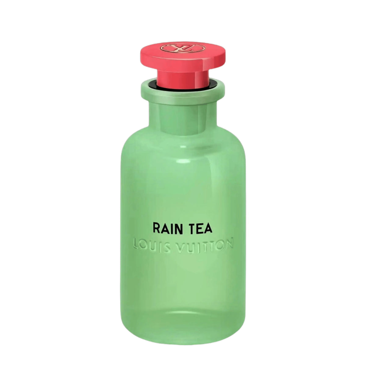 Louis Vuitton Rain Tea perfume bottle in translucent mint green glass with a bright red cap, shown on a plain white background.