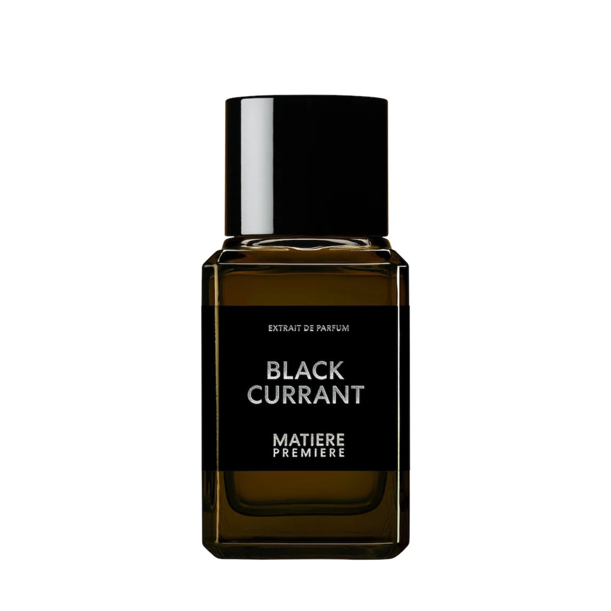 A bottle of MATIERE PREMIERE Black Currant Extrait de Parfum, featuring a dark amber glass bottle with a black cap and a black label with white text, set against a plain white background.