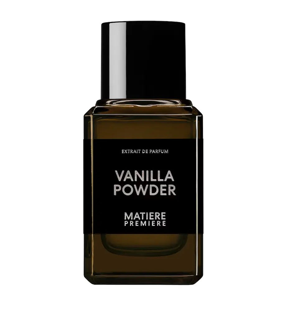 Perfume bottle labeled 'Vanilla Powder' by 'Matiere Premiere' on a white background