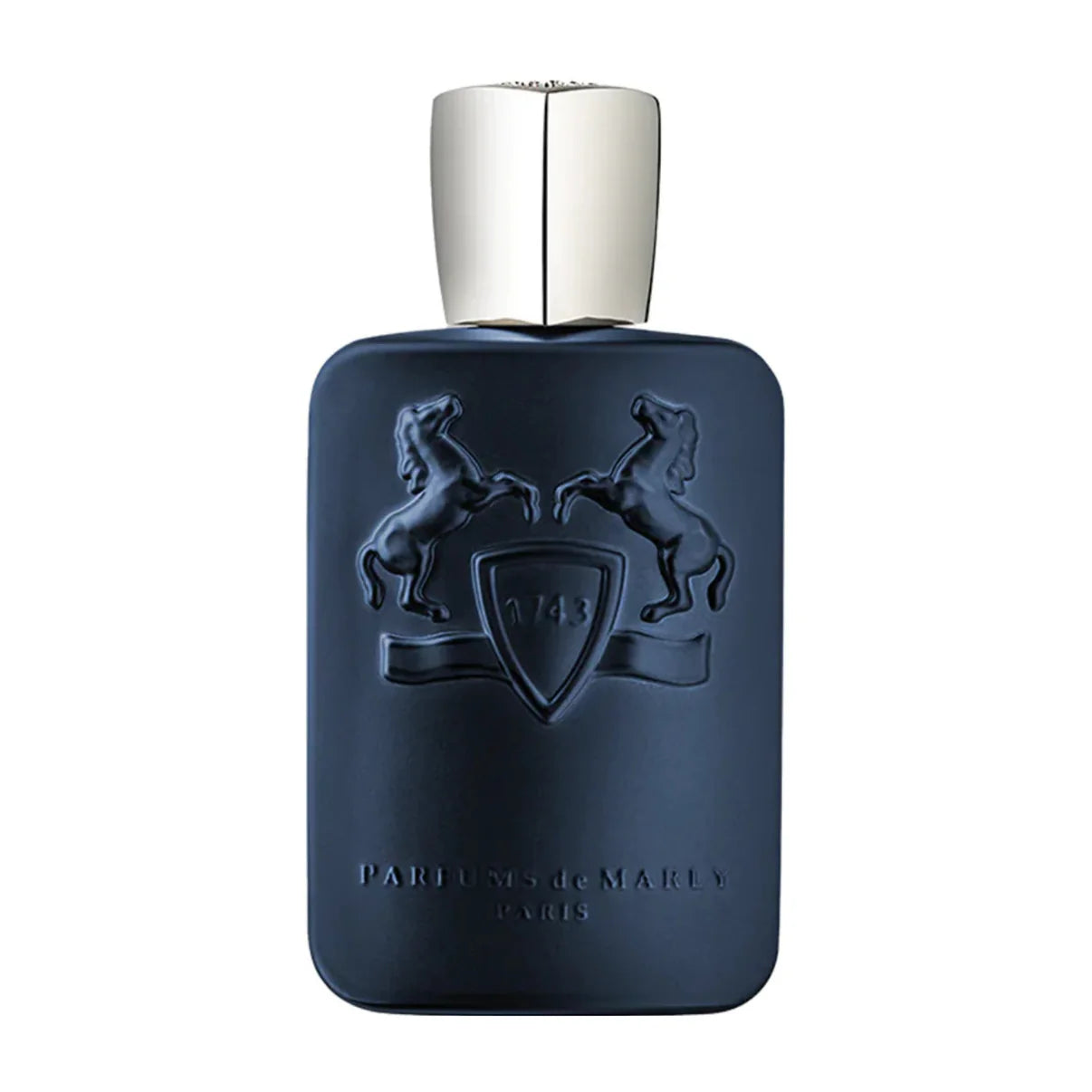 Blue parfums de marly perfume bottle with silver cap on a white background
