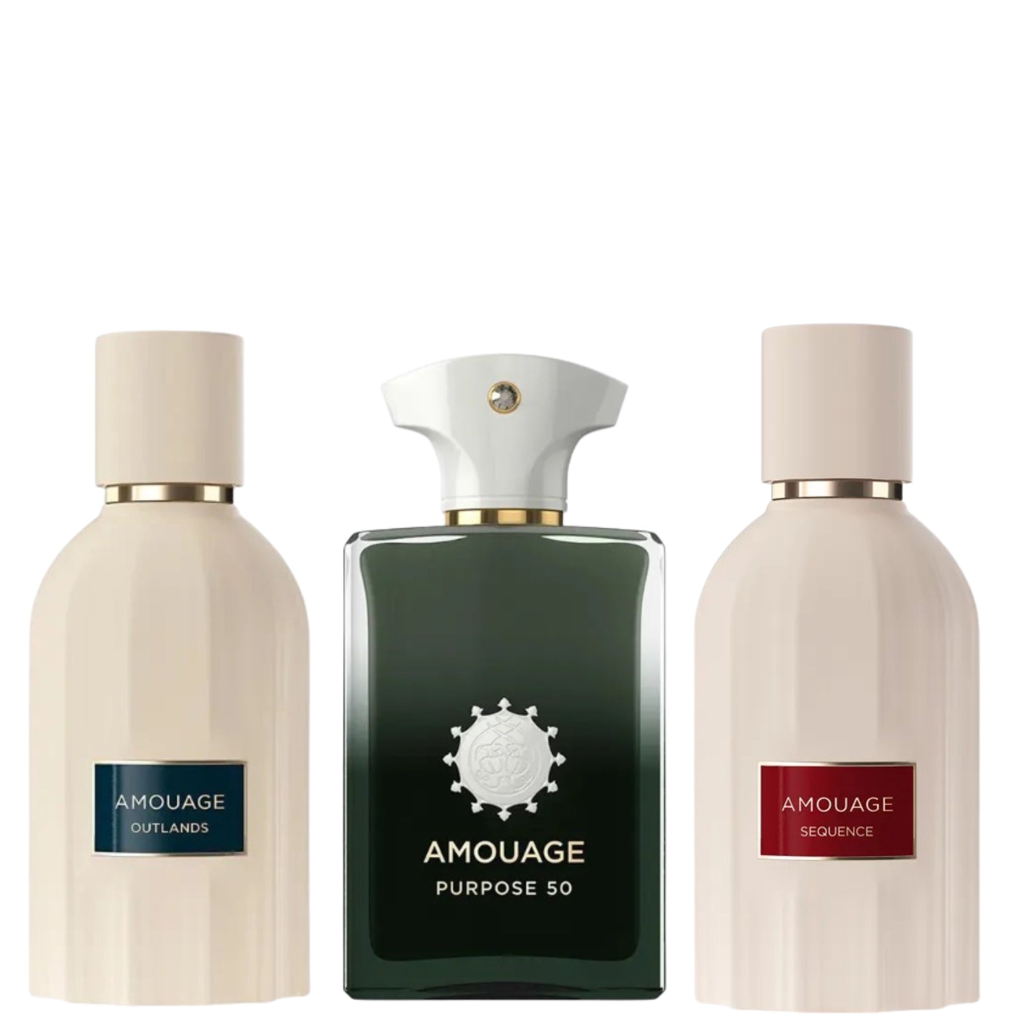 three perfume bottles, 2 with a cream colour labelled sequence and outlands. 1 green bottle with a white cap labelled purpose 50 all from the brand amouage on a white background 
