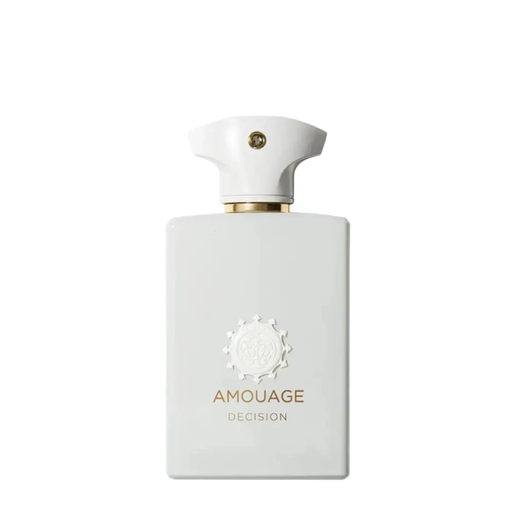 amouage decision 100ml eau de parfum white bottle with white cap and gold decor