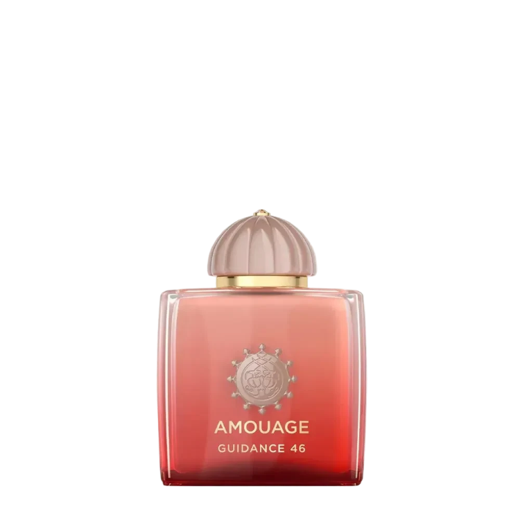 amouage guidance 46 100ml eau de parfum peach bottle with light pink cap and gold accents 