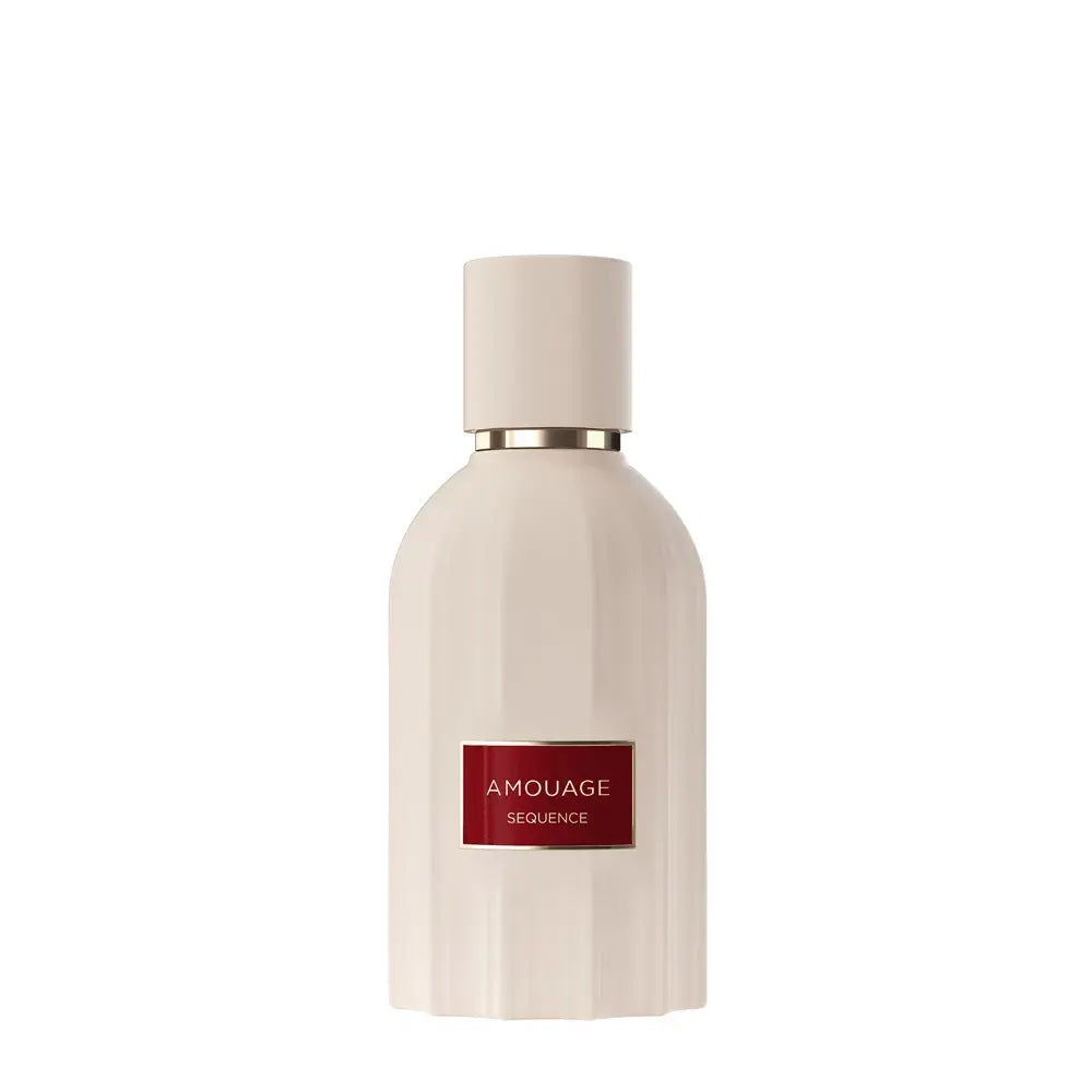 cream amouage sequence perfume bottle and red label