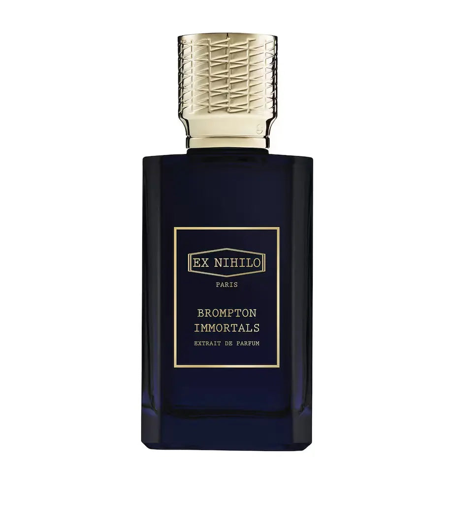 navy ex nihilo brompton immortals extrait bottle with a gold cap on a white background 