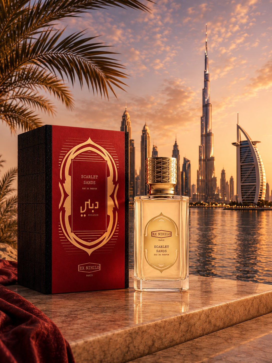 An ex nihilo scarlet sands perfume bottle in its red gift box are displayed on a stone ledge with a sunset view of the Burj Khalifa and Dubai Marina in the background.