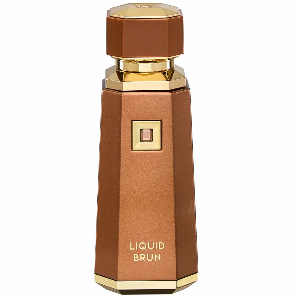 brown french avenue liquid brun bottle with gold accents on a white background