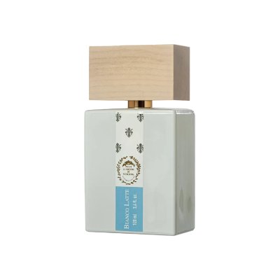 Perfume bottle with wooden cap on a white background