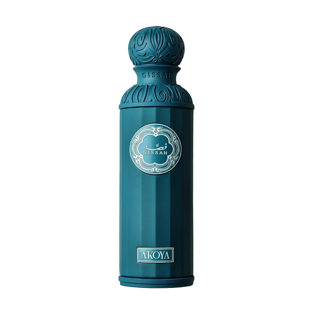 A tall, blue Gissah Akoya perfume bottle with silver accents. 