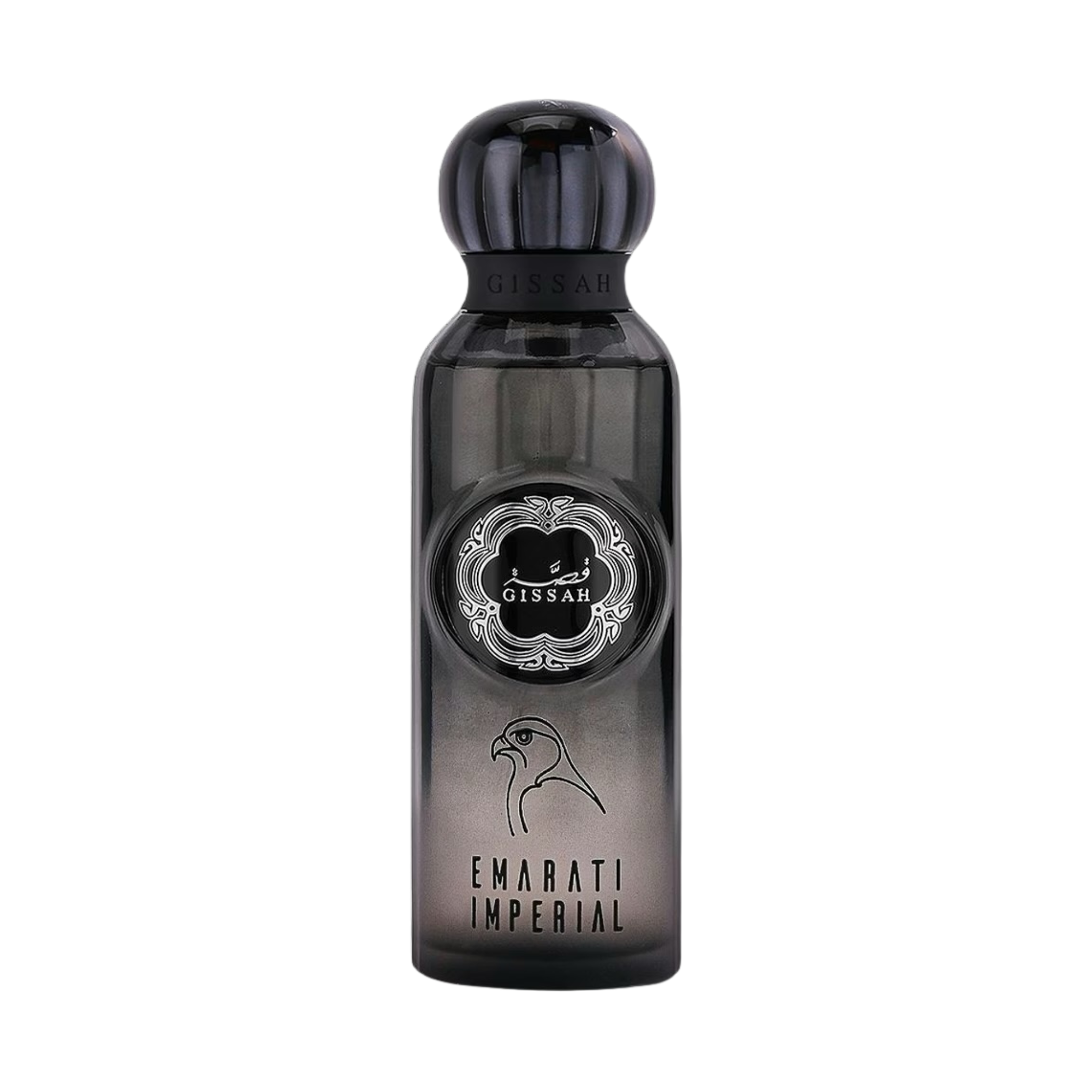 Black gissah emarati imperial perfume bottle with a black cap on a white background 