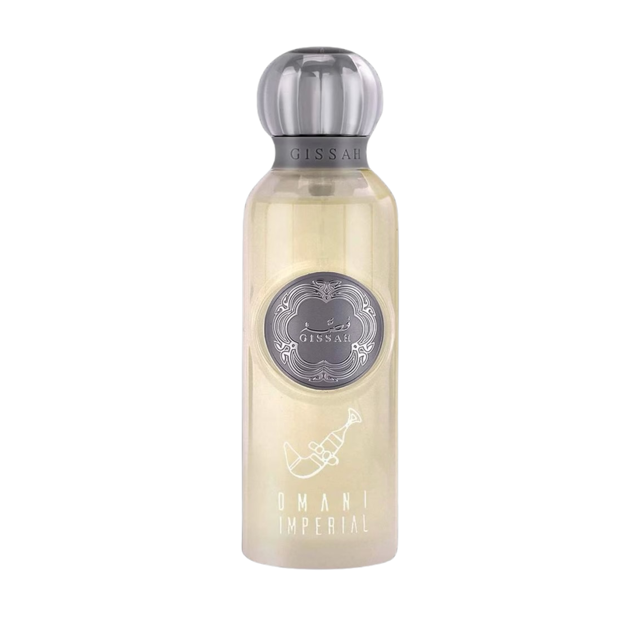 Cream gissah omani imperial perfume bottle with a silver cap on a white background 