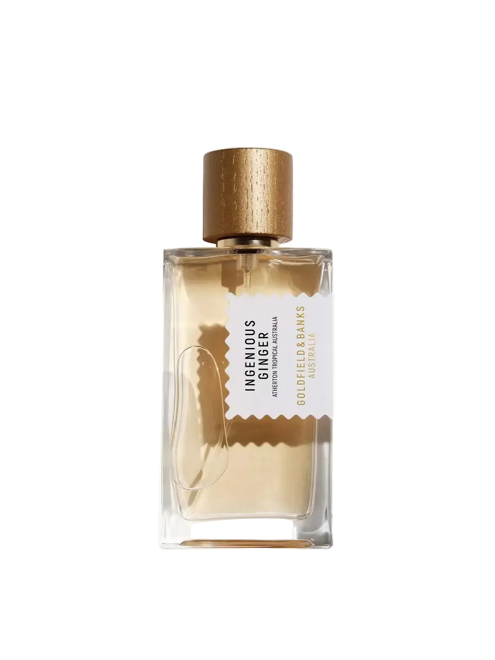 clear goldfield and banks ingenious ginger Perfume bottle with gold cap and label on a white background