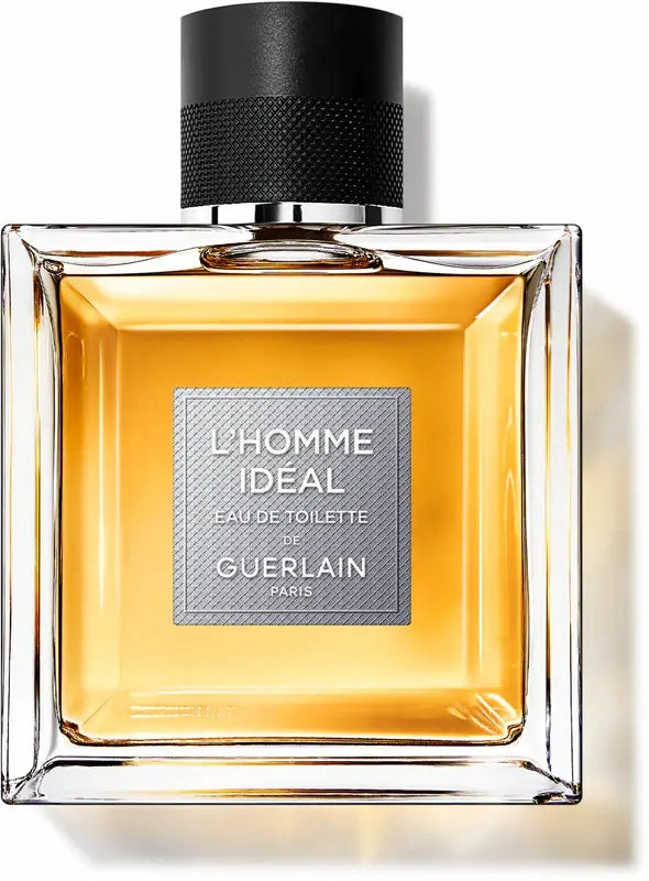 guerlain l'homme ideal perfume bottle clear glass with a black cap 