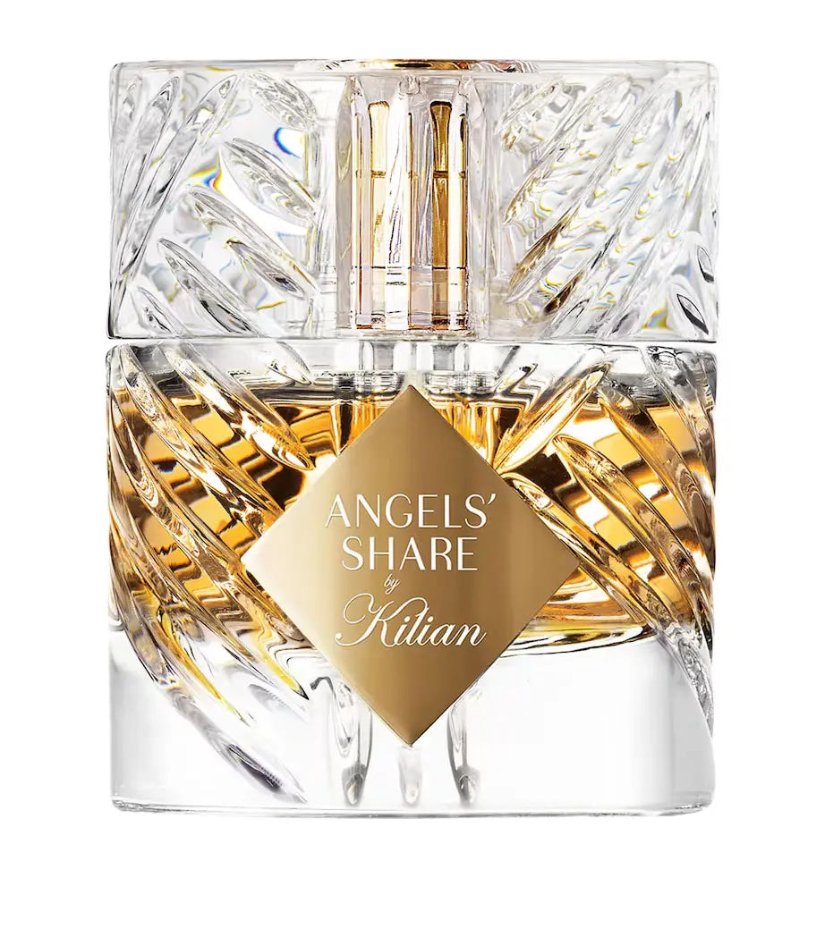 kilian angels share eau de parfum bottle clear glass with a gold label on a white background