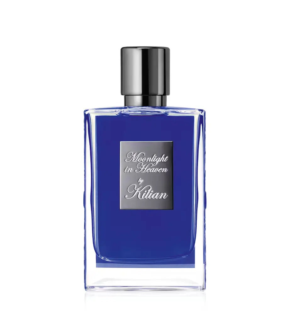 blue kilian moonlight in heaven perfume bottle with a dark silver cap on a white background