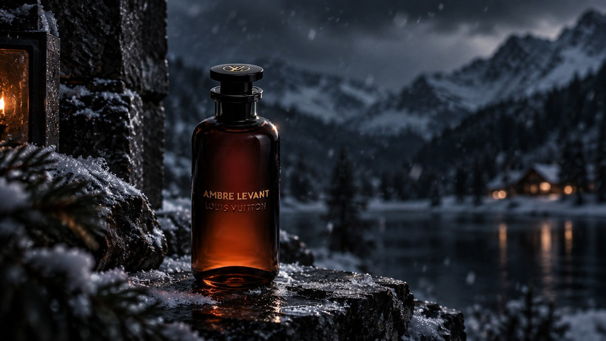 A Louis Vuitton Ambre Levant perfume bottle stands on a snowy stone ledge with a snowy mountain lake landscape in the background at night.