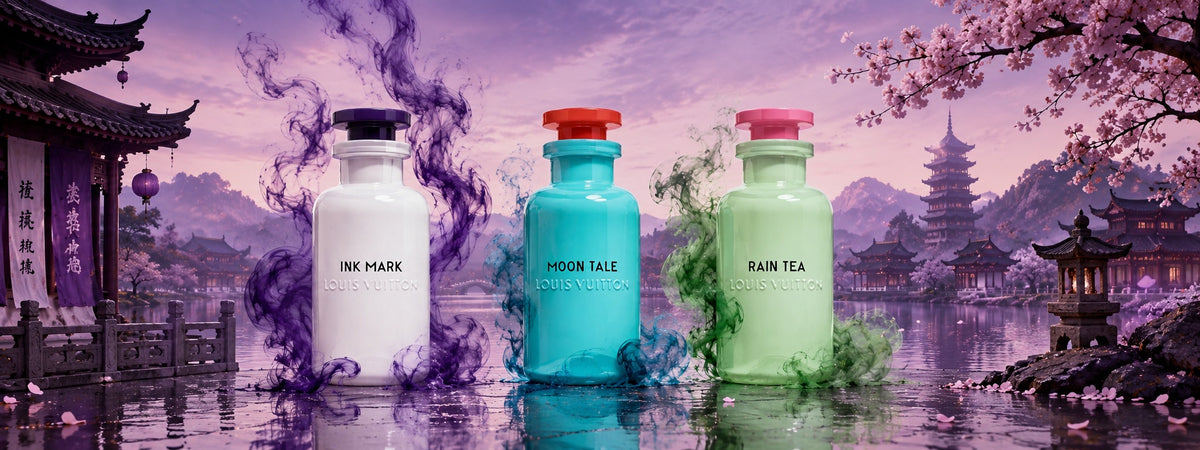 Three Louis Vuitton perfume bottles labeled Ink Mark, Flavor Tale, and Rain Tea are arranged in a stylized scene with purple and green smoke effects, set against a scenic background of pagodas, cherry blossoms, and water.