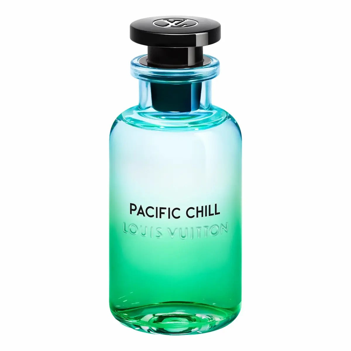 Blue and green perfume bottle labeled 'Pacific Chill' by Louis Vuitton on a white background