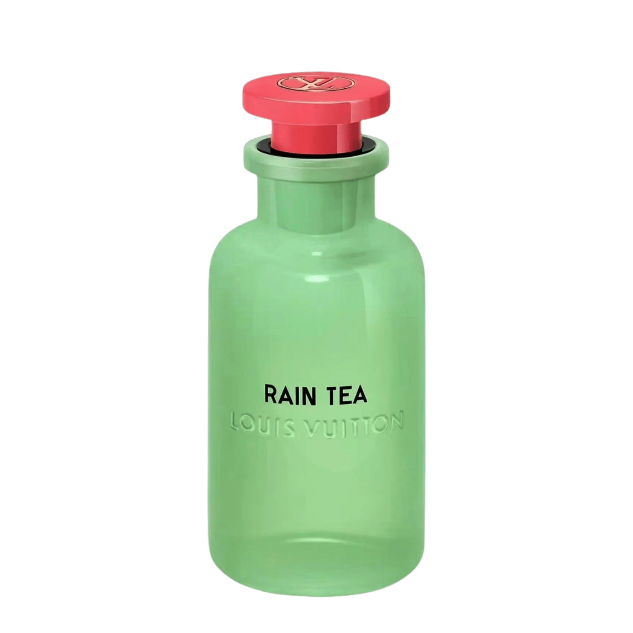 Louis Vuitton Rain Tea perfume bottle in translucent mint green glass with a bright red cap, shown on a plain white background.