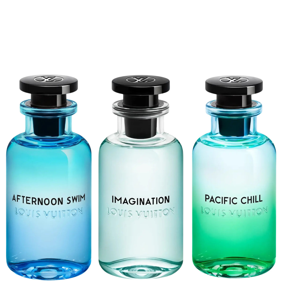 three louis vuitton perfume bottles on a white background labelled 'afternoon swim', 'pacific chill' and 'imagination'
