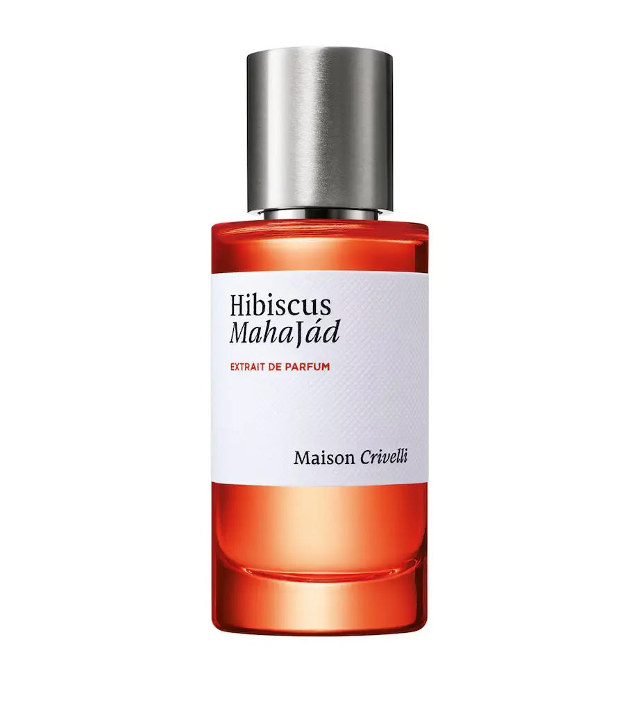 maison crivelli hibiscus mahajad extrait de parfum bottle in red with a silver cap on a white background