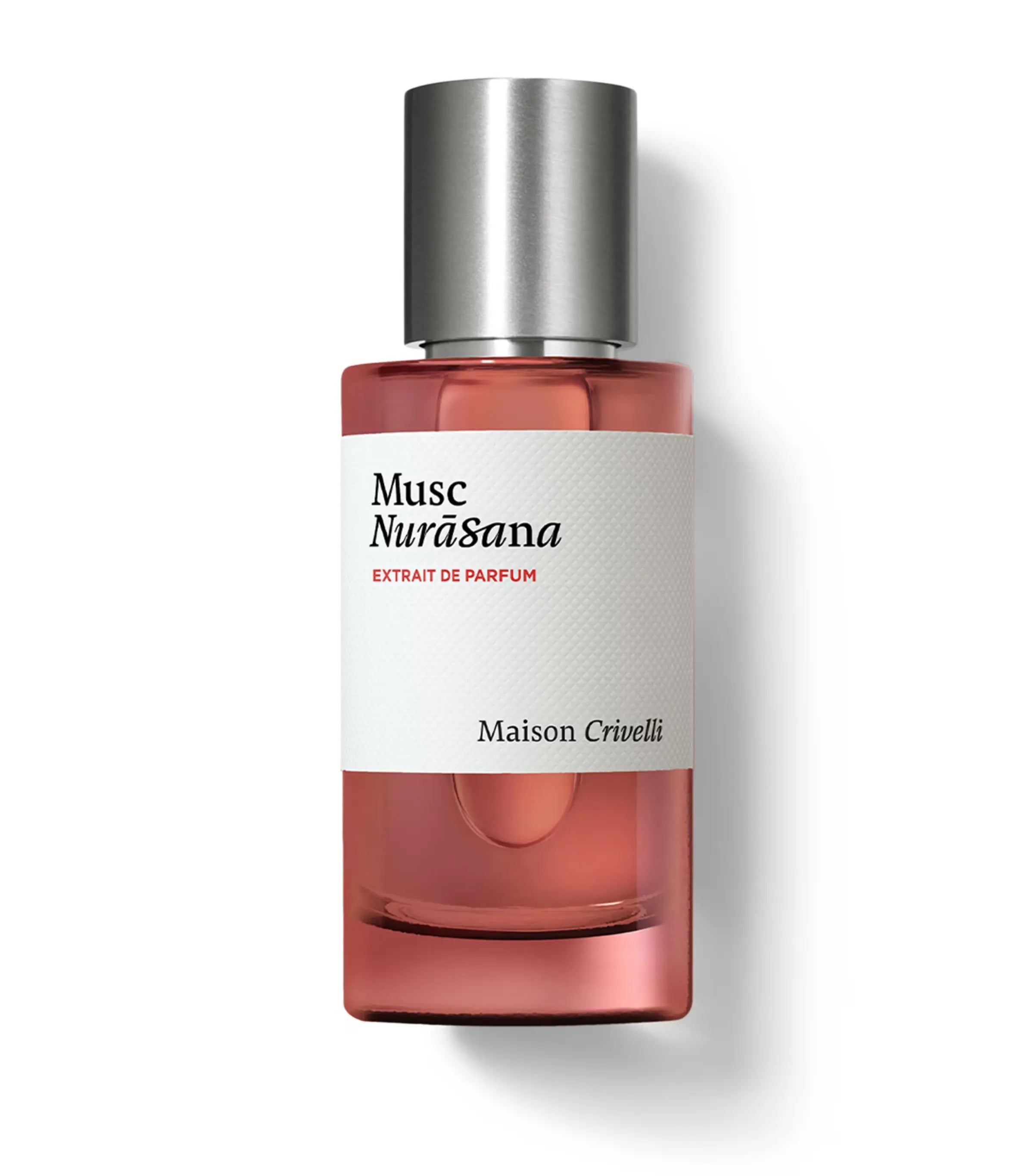 Perfume bottle labeled 'Musc NuraSana' by Maison Crivelli on a white background