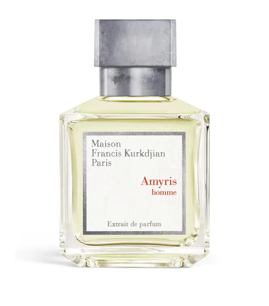 clear glass maison francis kurkdjian amyris homme extrait bottle with a silver cap