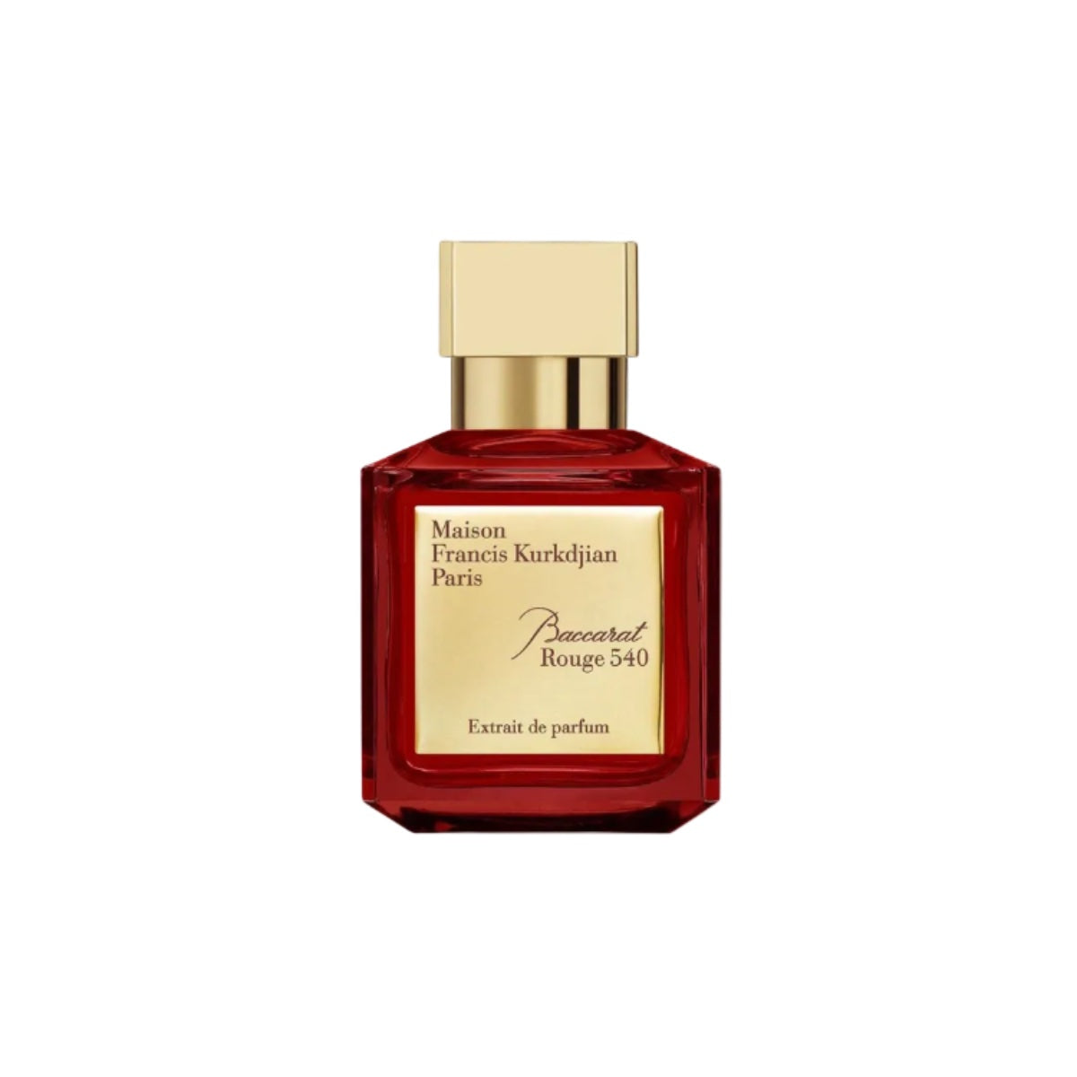 maison francis kurkdjian baccarat rouge 540 extrait de parfum 70ml with a red bottle and gold cap and gold plate 