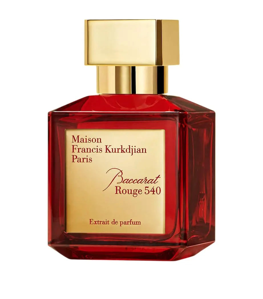 maison francis kurkdjian baccarat rouge 540 extrait red bottle with a gold cap on a white background
