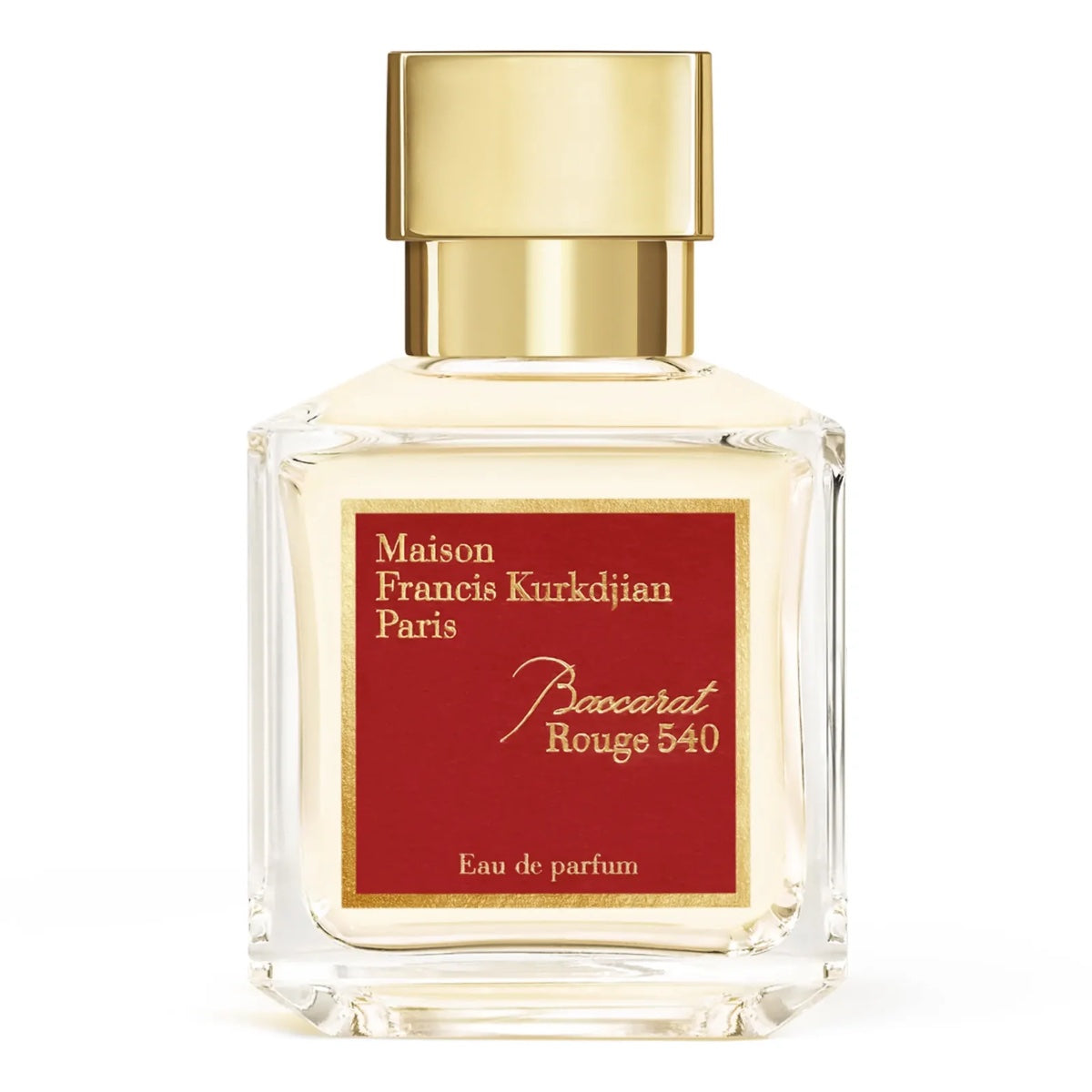 maison francis kurkdjian baccarat rouge 540 eau de parfum 70ml clear bottle  with gold cap and red and gold text