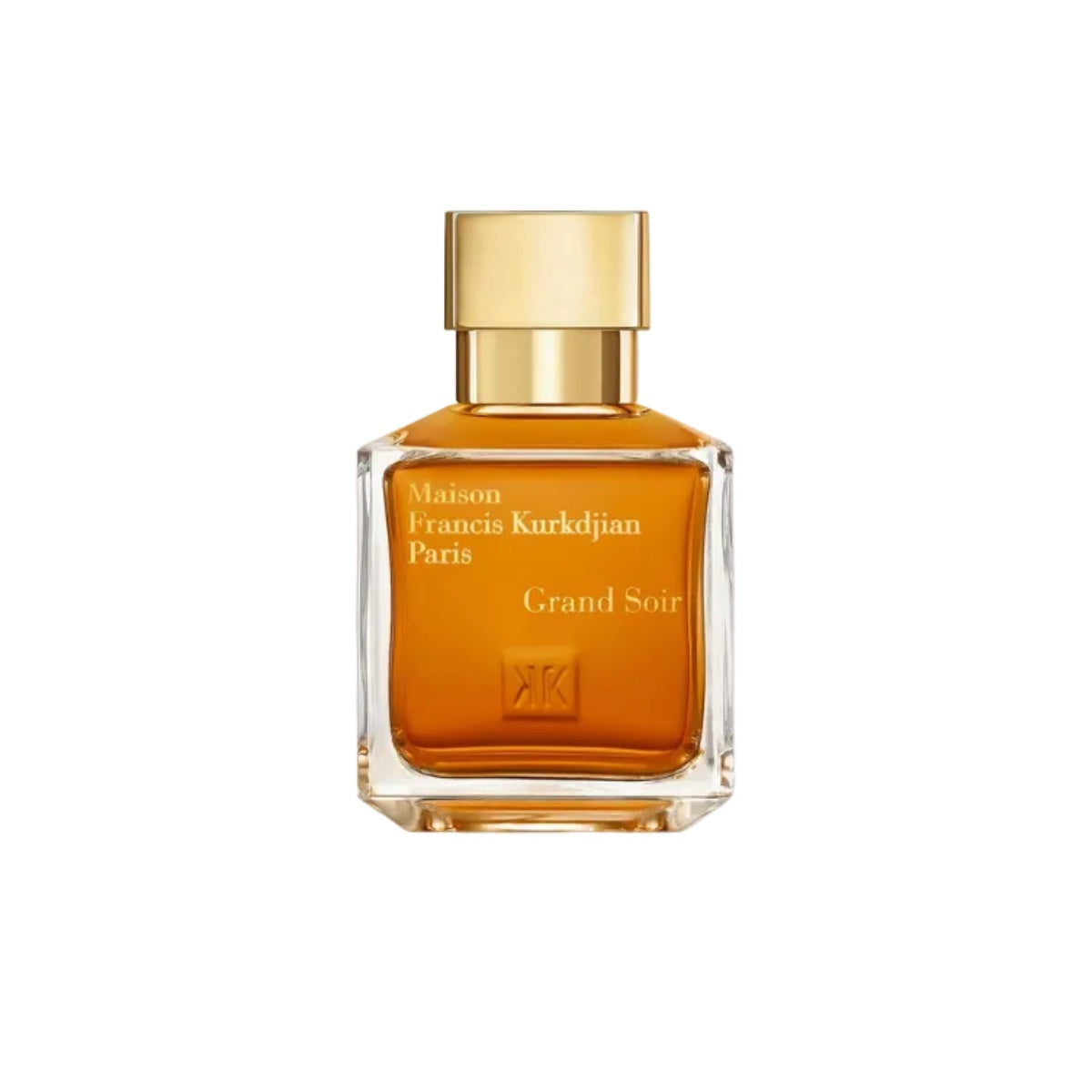 maison francis kurkdjian grand soir 70ml eau de parfum clear bottle with gold cap and a white background 