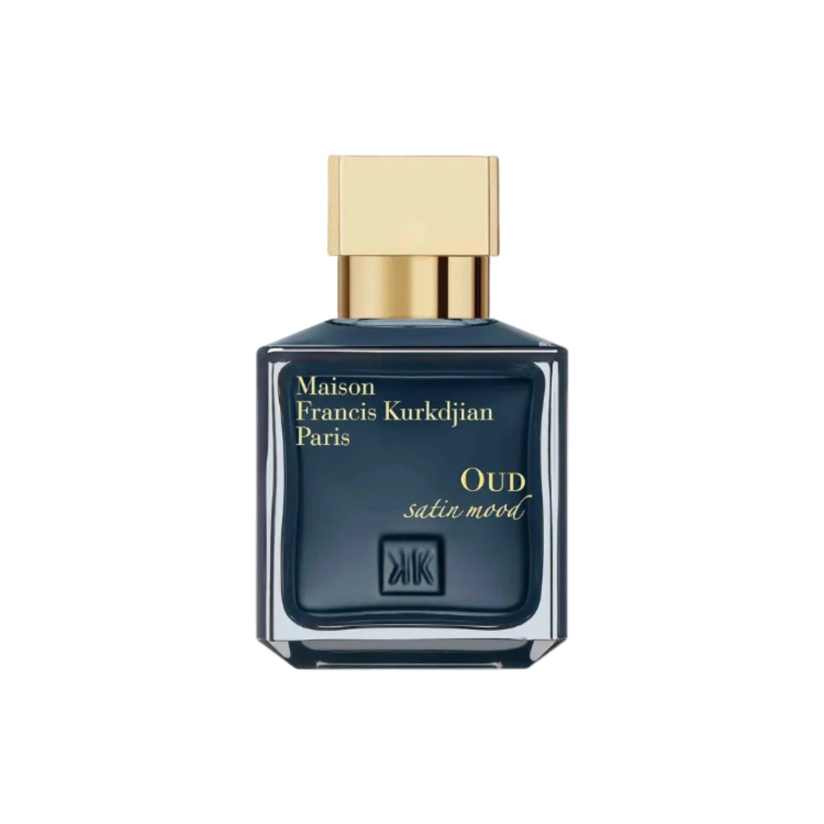 maison francis kurkdjian oud satin mood 70ml bottle in dark blue with gold cap and text 