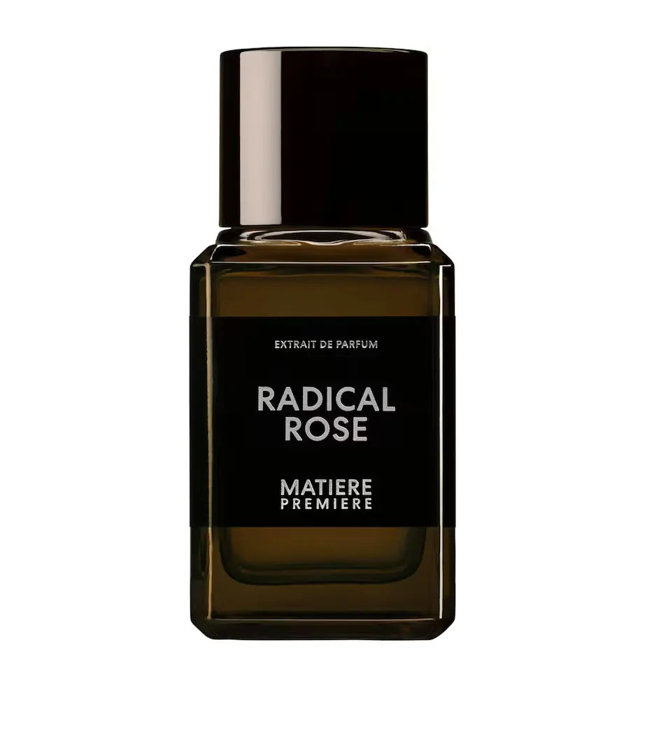 matiere premiere radicaal rose extrait glass bottle with a black cap on a white background 