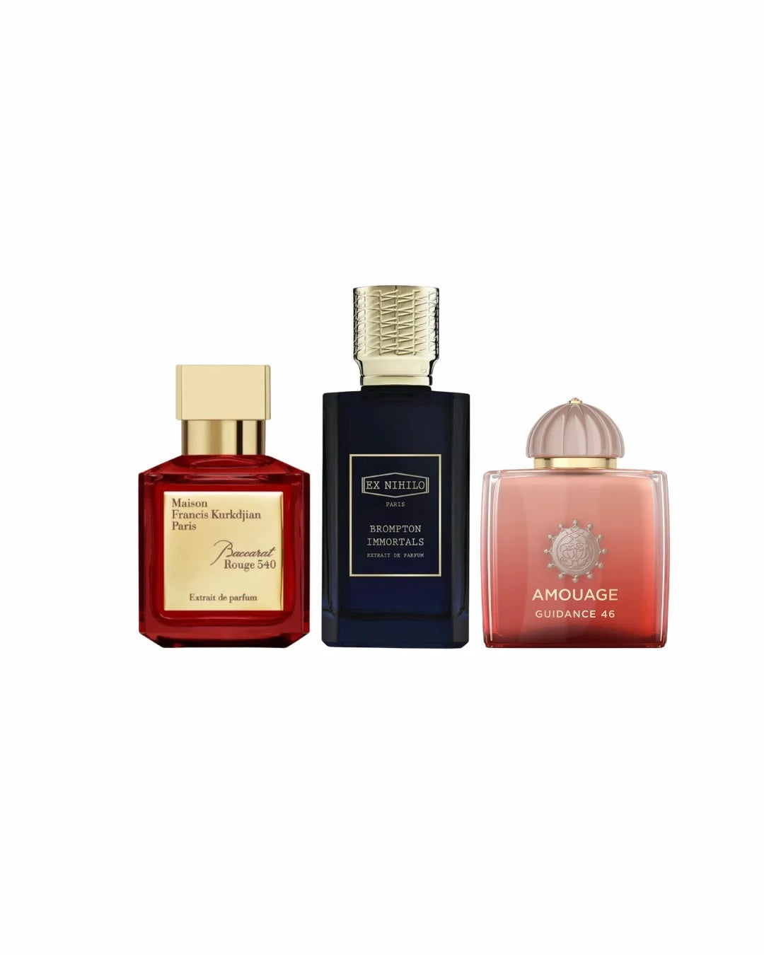baccarat rouge 540, brompton immortals and guidance 46. three perfume bottles on a white background