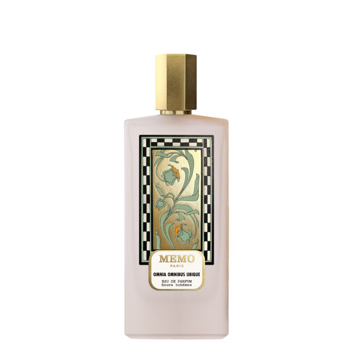 A rectangular frosted glass perfume bottle with a gold cap and a decorative label featuring a floral Art Nouveau design on a black and white checkered border. The label reads 'MEMO PARIS' and 'ORNAMENTUM UNIQUE'.