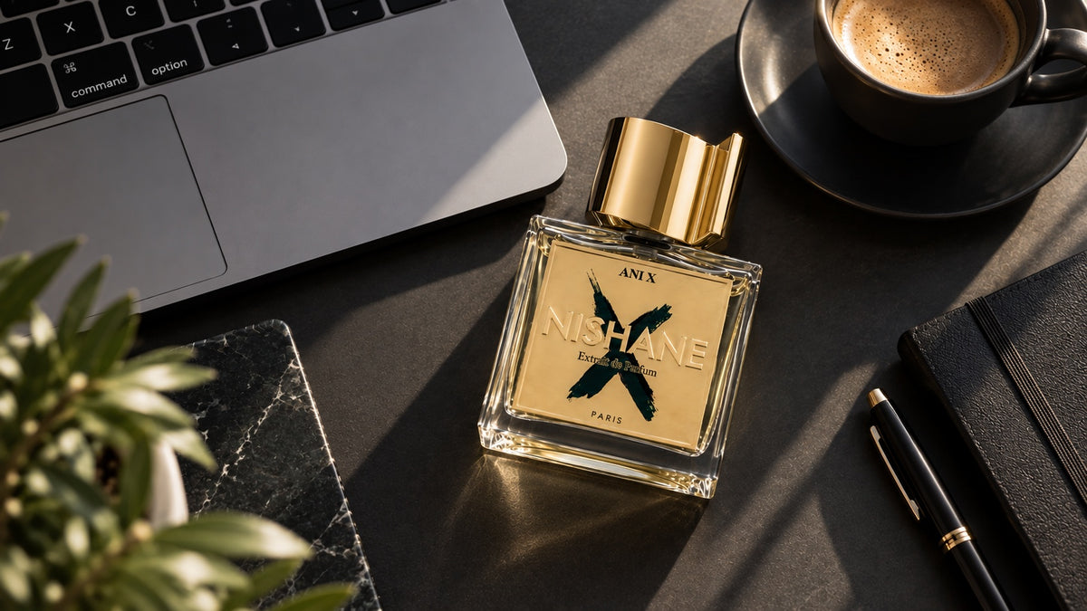 A bottle of ANI X NISHANE perfume with a gold cap and gold label, styled on a dark desk next to a laptop, coffee cup, notebook, and pen.