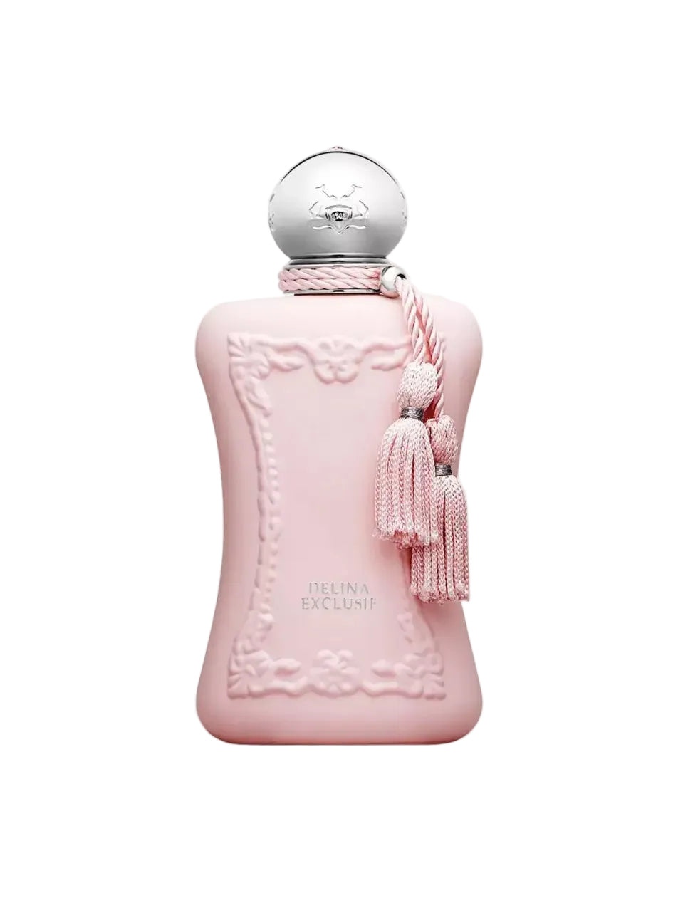 pink parfums de marly perfume bottle with a silver cap on a white background 