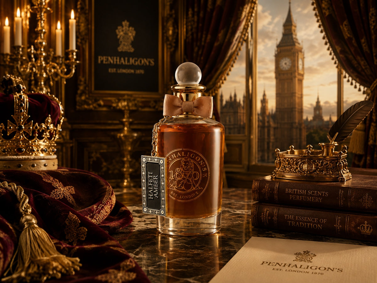 A bottle of Penhaligon's Absolute Amour perfume displayed on a polished marble surface in an ornate room. The amber liquid in a clear glass bottle is centered, with a crown, velvet fabric, books, and a window view of Big Ben in the background.