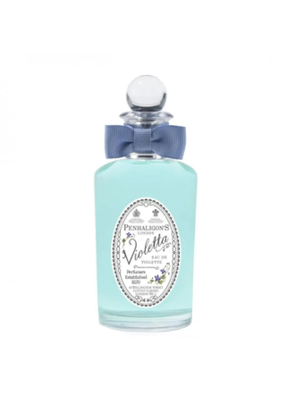 Penhaligon's Violette perfume bottle with a blue bow on a white background