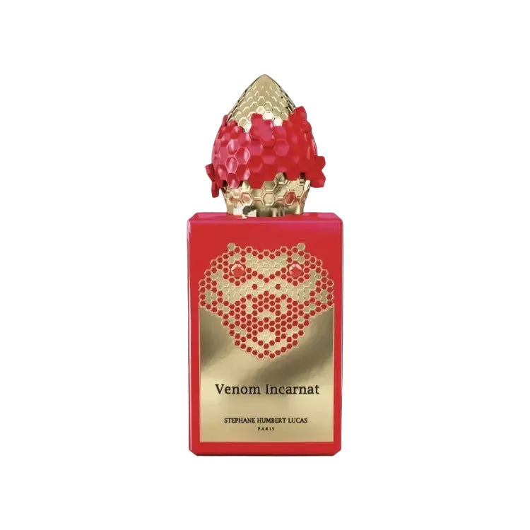 Perfume bottle with red and gold design labeled 'Venom Incarnat' on a black background