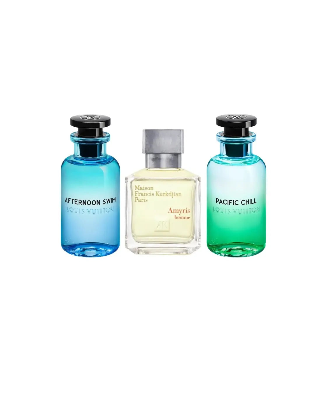 afternoon swim, pacific chill and amyris homme. three perfumes on a white background