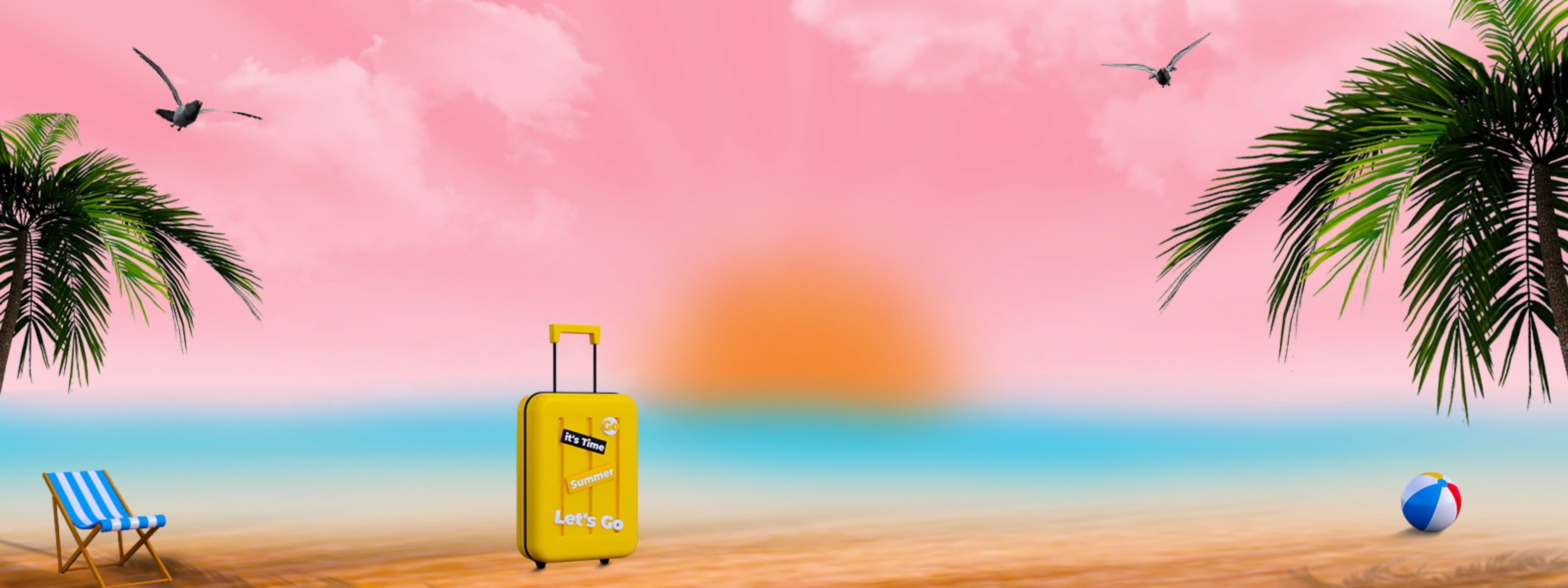 Yellow suitcase on a beach with palm trees and a sunset in the background