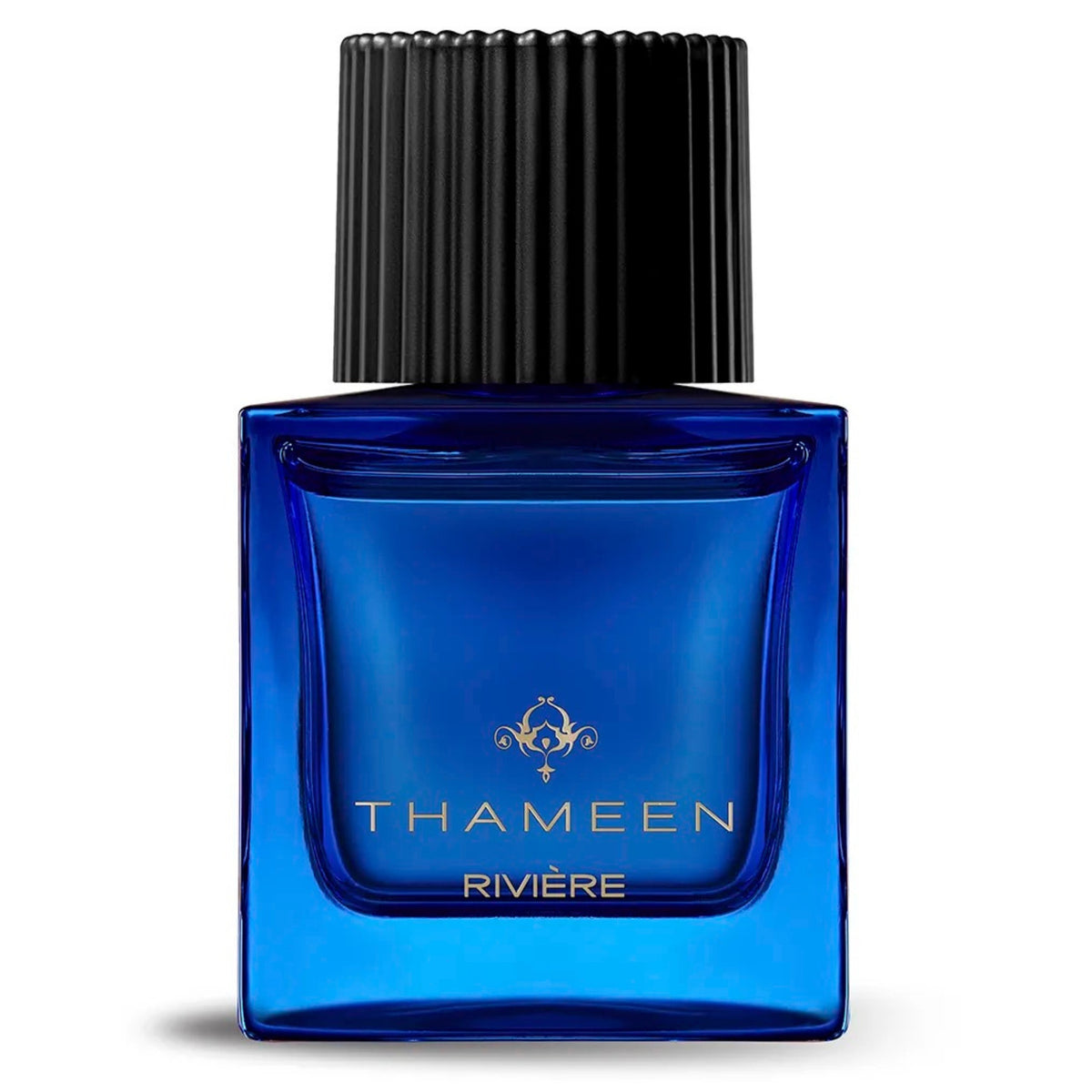 a blue perfume bottle with a black cap on a white background and gold text labelled thameen riviere 